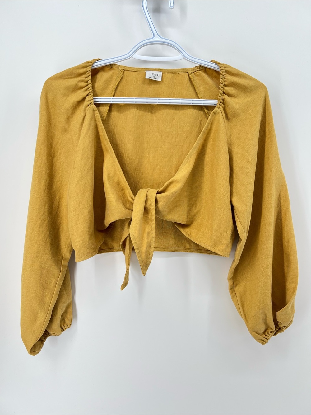 Aritzia Wilfred Venus Blouse Women’s XS Mustard Tie-Front Cropped Linen Top